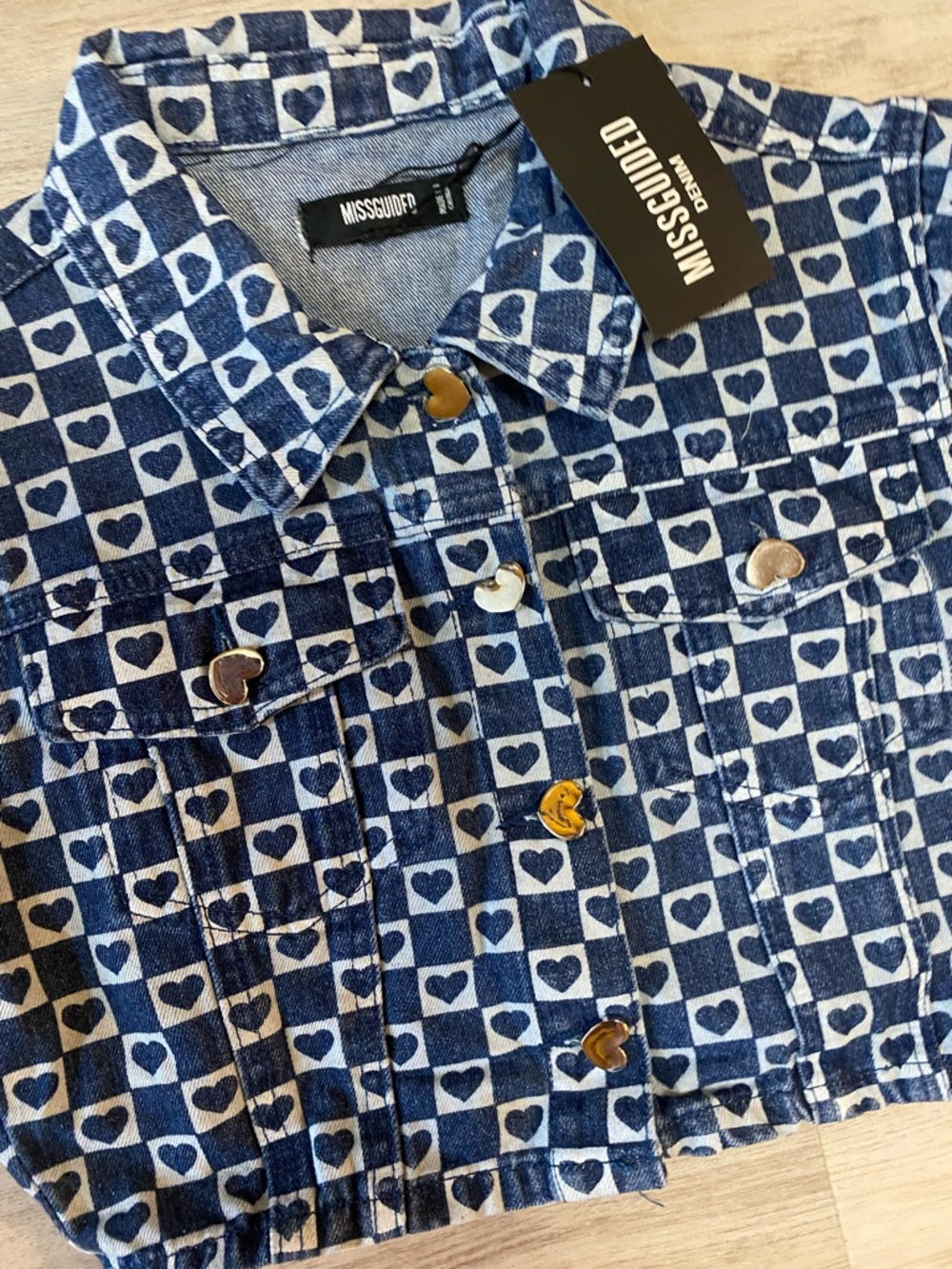 Missguided Blue Heart-Print Cropped Denim Jacket - Picture 9 of 16